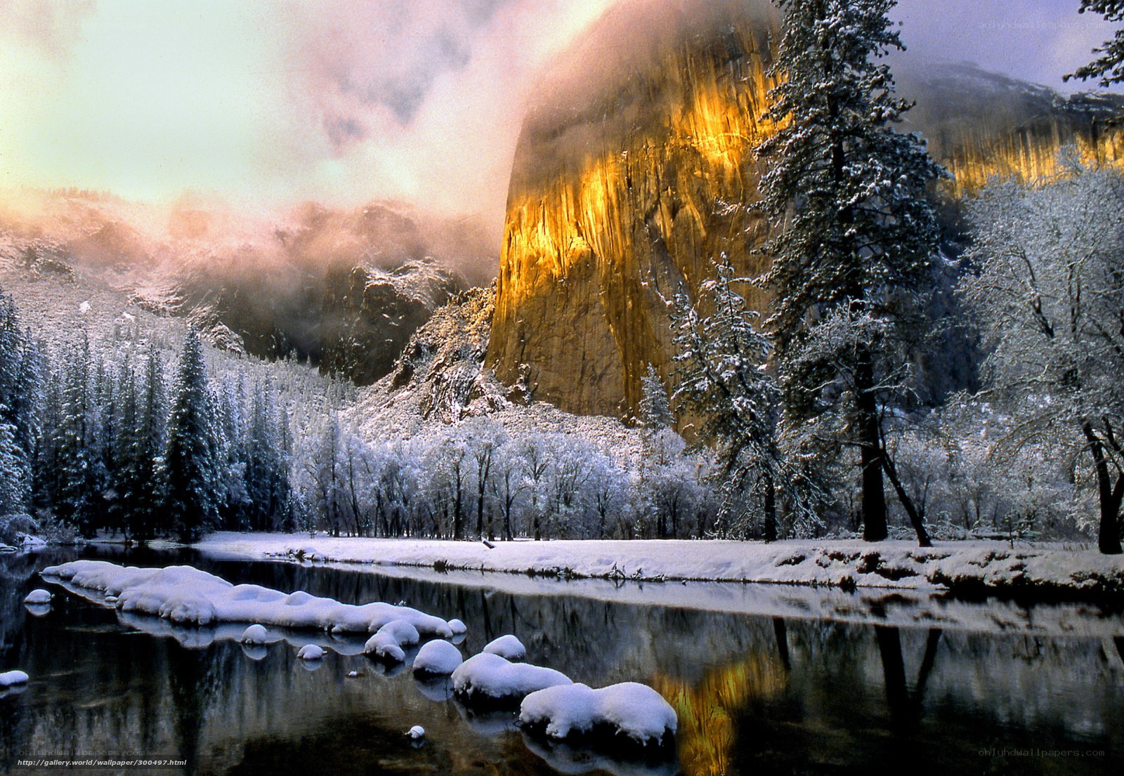 Snowy mountain river landscape