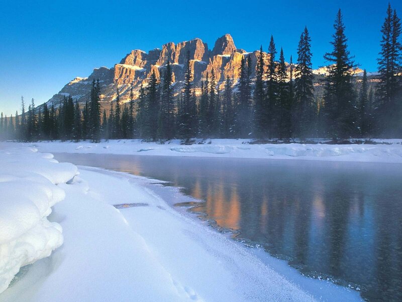 Snowy mountain river landscape