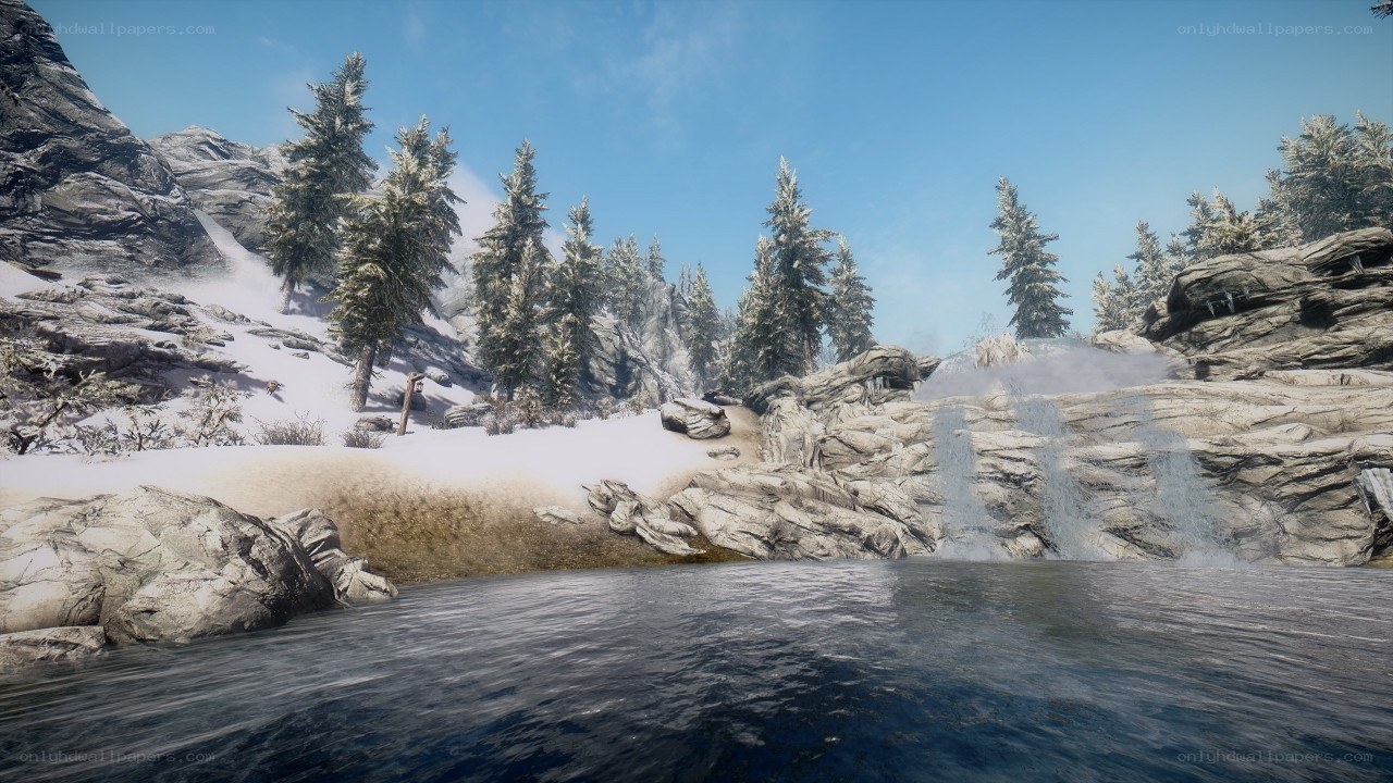 snowy mountain river scene
