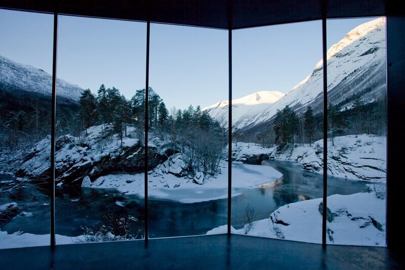 Snowy mountain river view