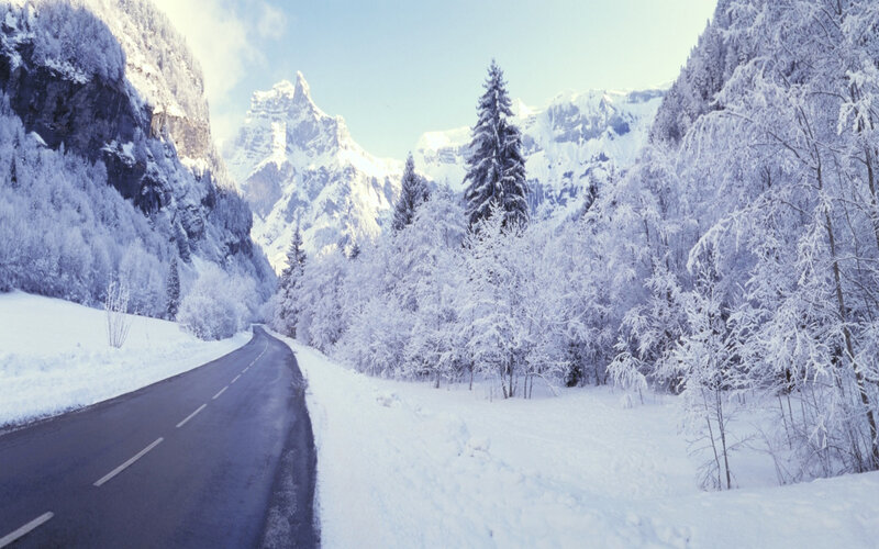 Snowy mountain road