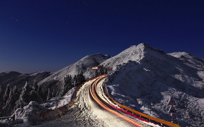 Snowy Mountain Road — Blue, Serene, Night