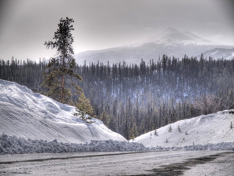Snowy mountain road scene