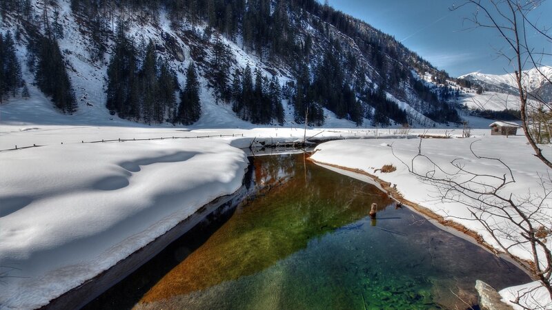 snowy mountain stream