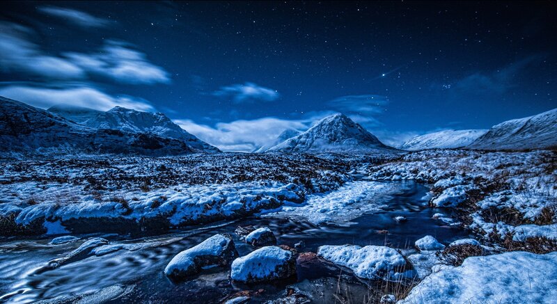 Snowy mountain stream at night