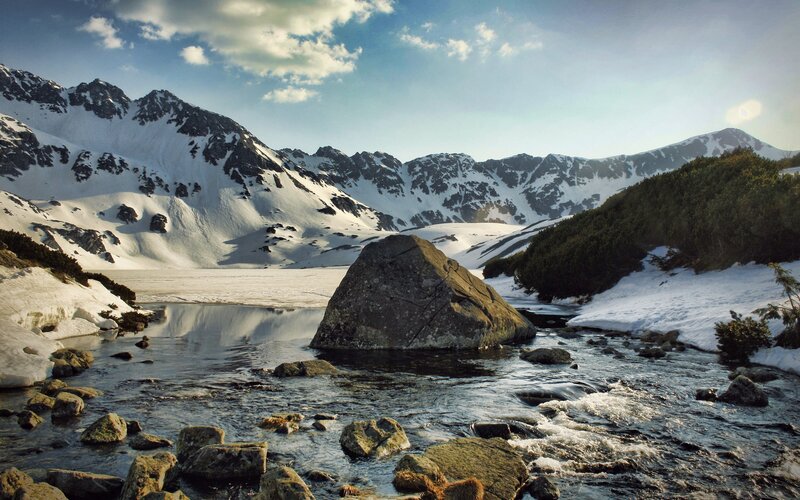 Snowy Mountain Stream — Blue, Serene, Afternoon