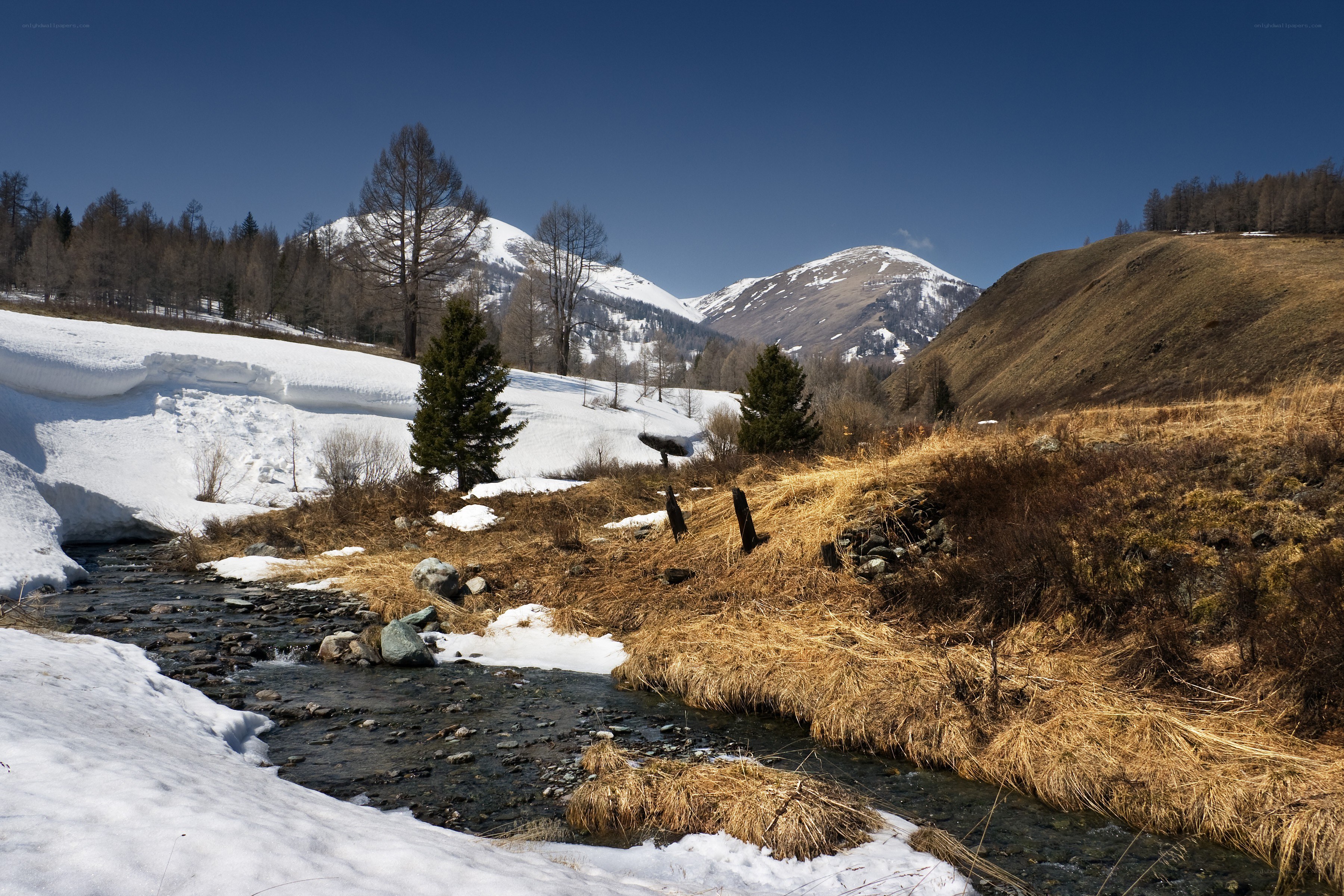 Snowy mountain stream landscape