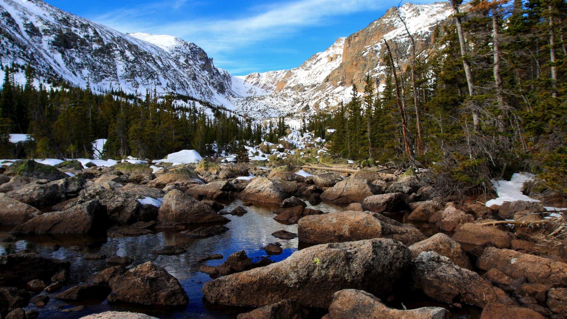 snowy mountain stream landscape