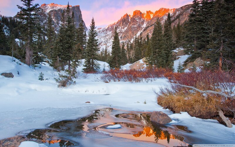 Snowy Mountain Stream — White, Serene, Sunset, Photograph, Mountains