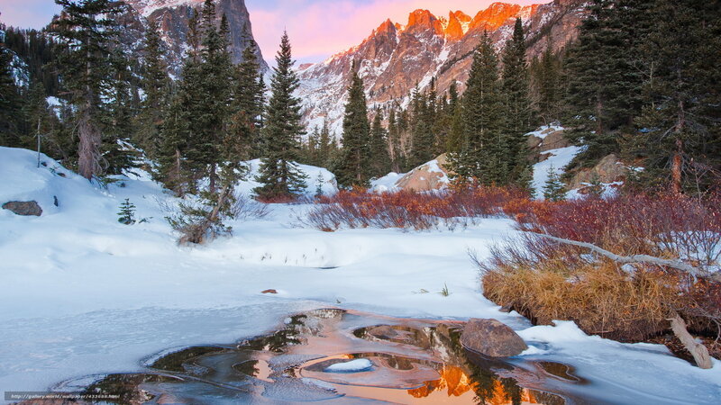 Snowy Mountain Stream — White, Serene, Sunset, Photograph, Pine Trees