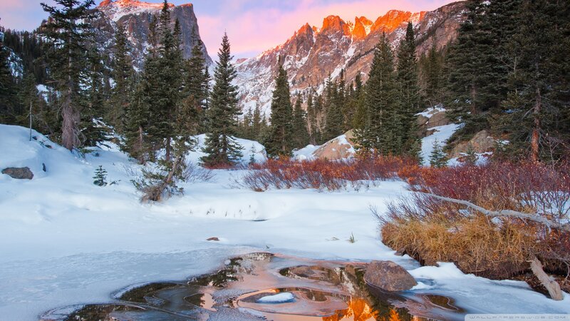 Snowy Mountain Stream — White, Serene, Sunset, Photograph