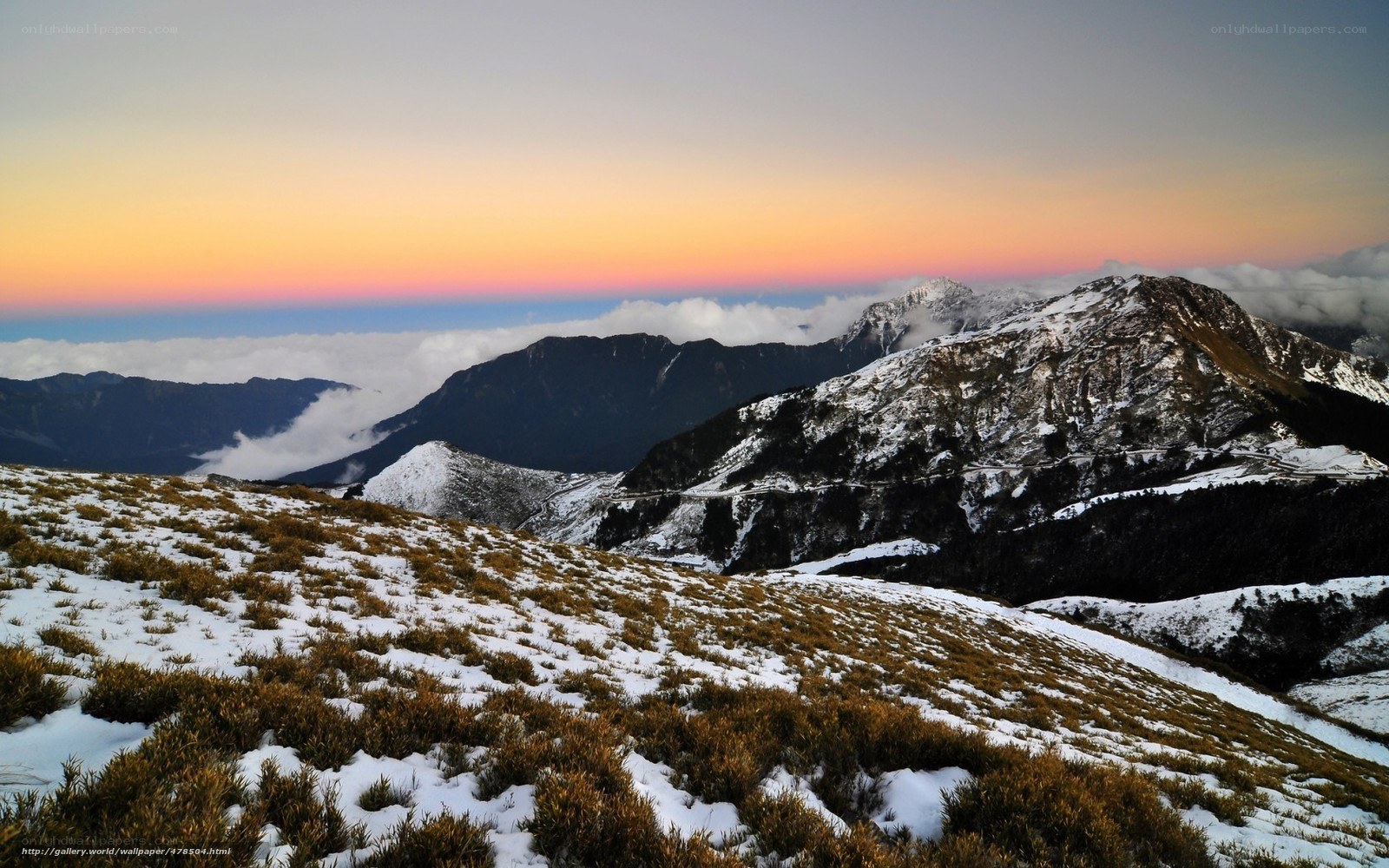 Snowy mountain sunset