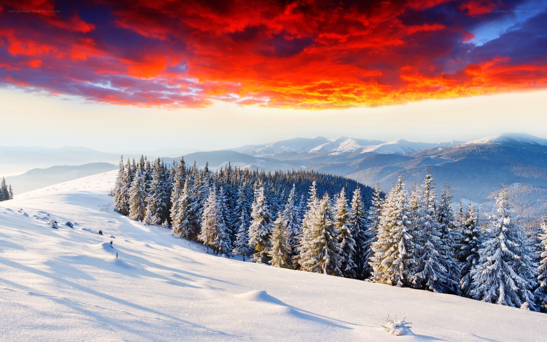 Snowy mountain sunset
