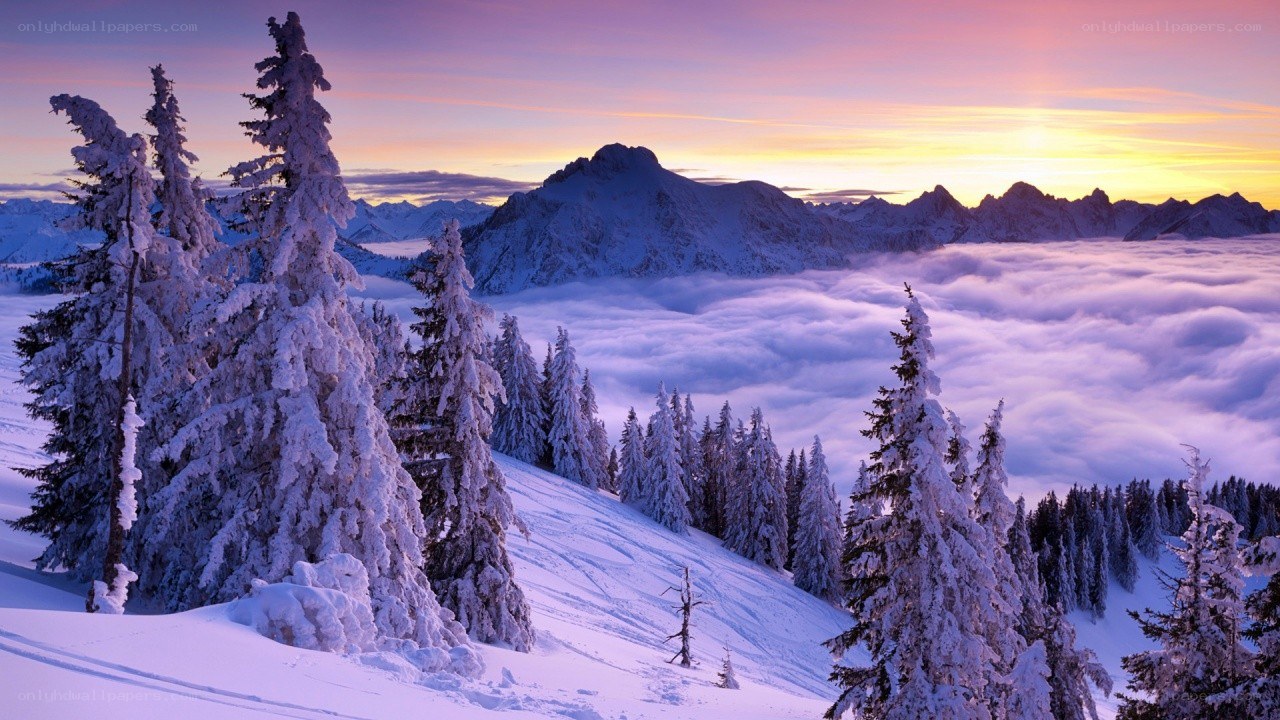 Snowy mountain sunset