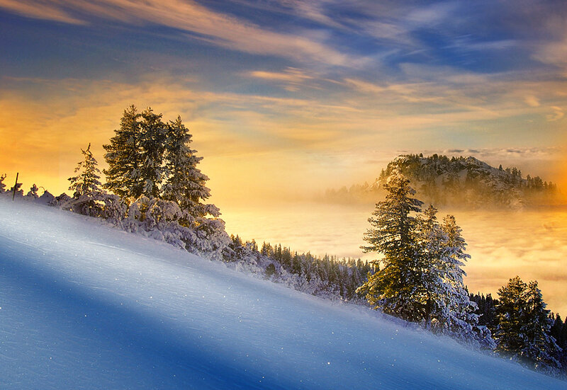 Snowy mountain sunset