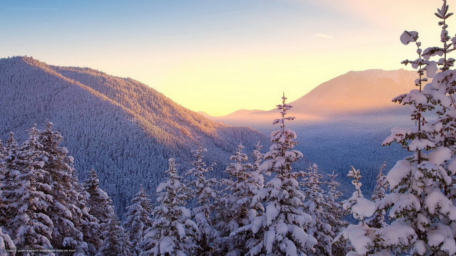 Snowy mountain sunset landscape