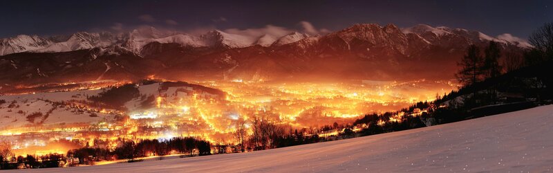 Snowy Mountain Town — Orange, Dramatic