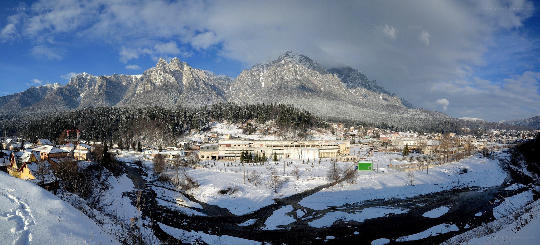 Snowy mountain town panorama