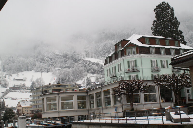 Snowy mountain town scene