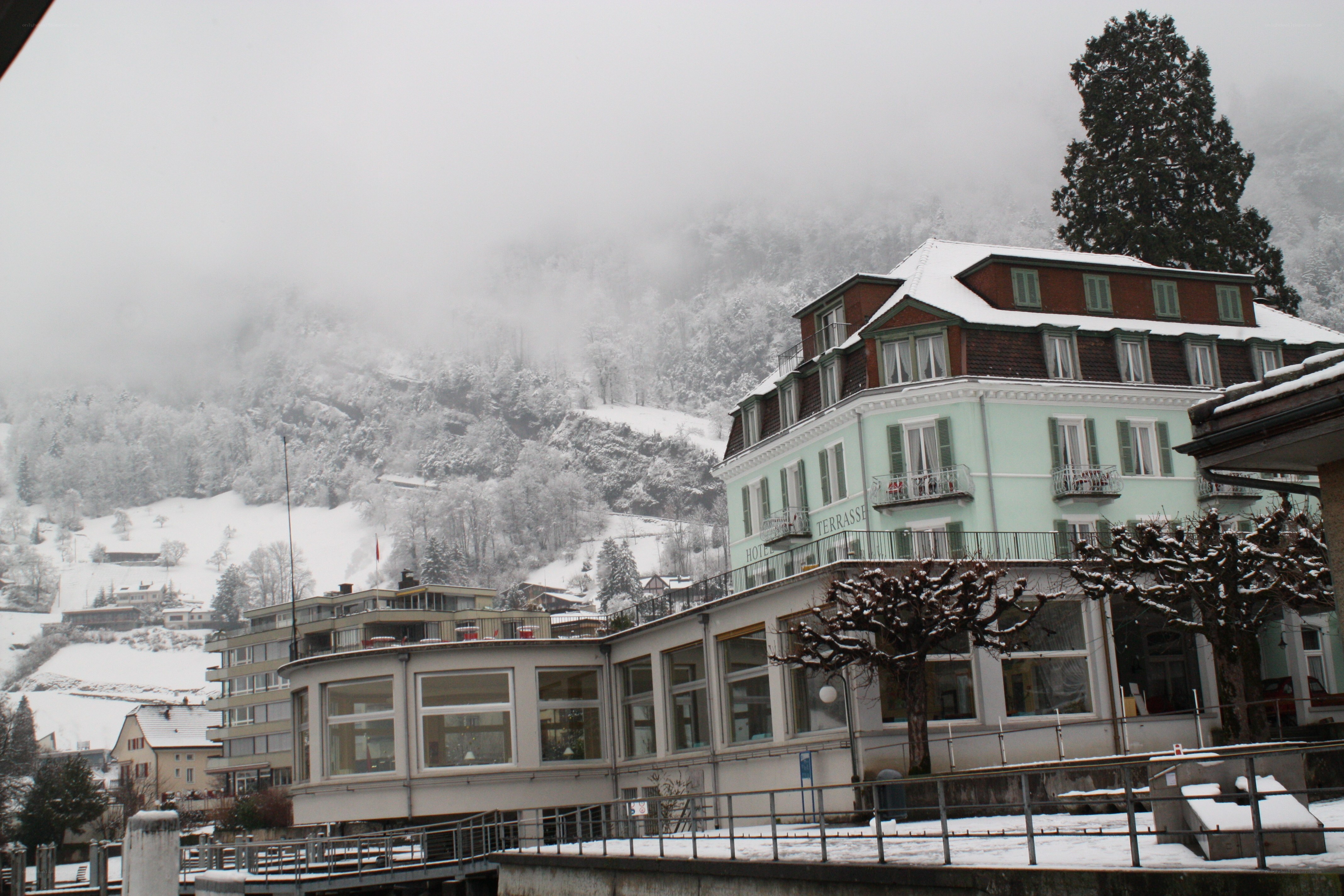 Snowy mountain town scene
