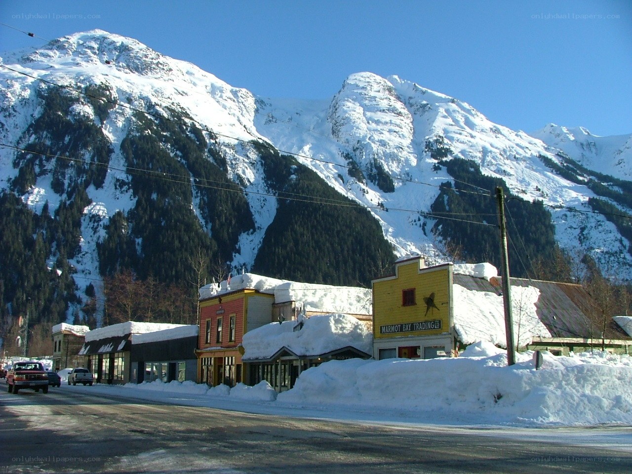 Snowy mountain town scene