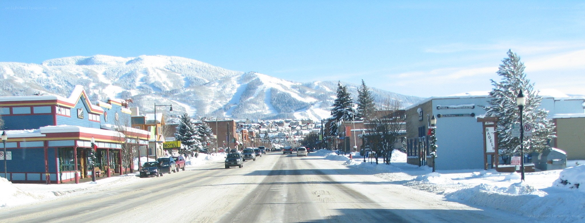 Snowy mountain town street view