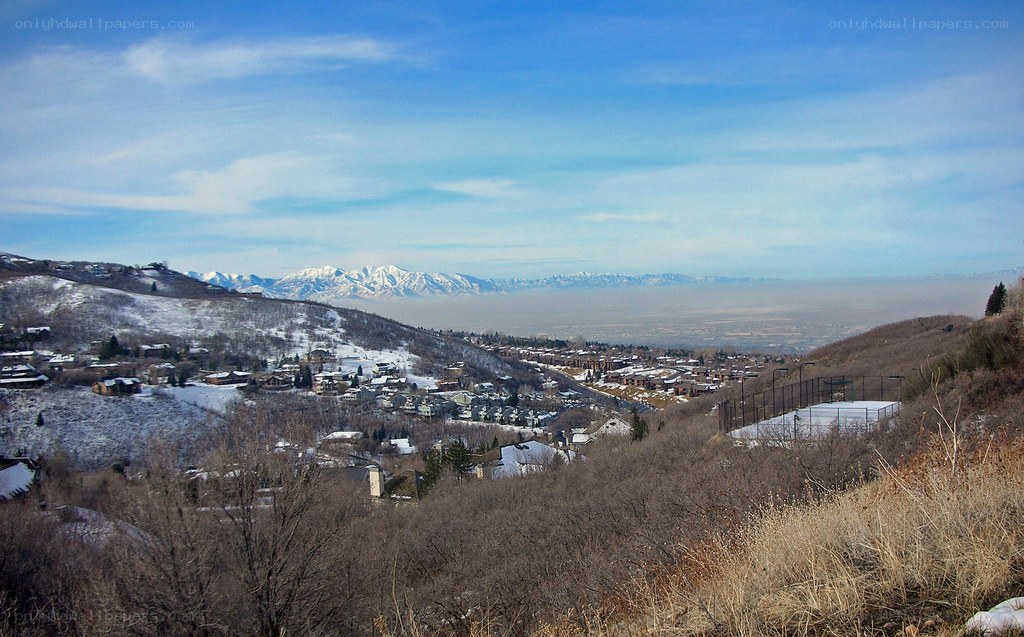 Snowy mountain town view