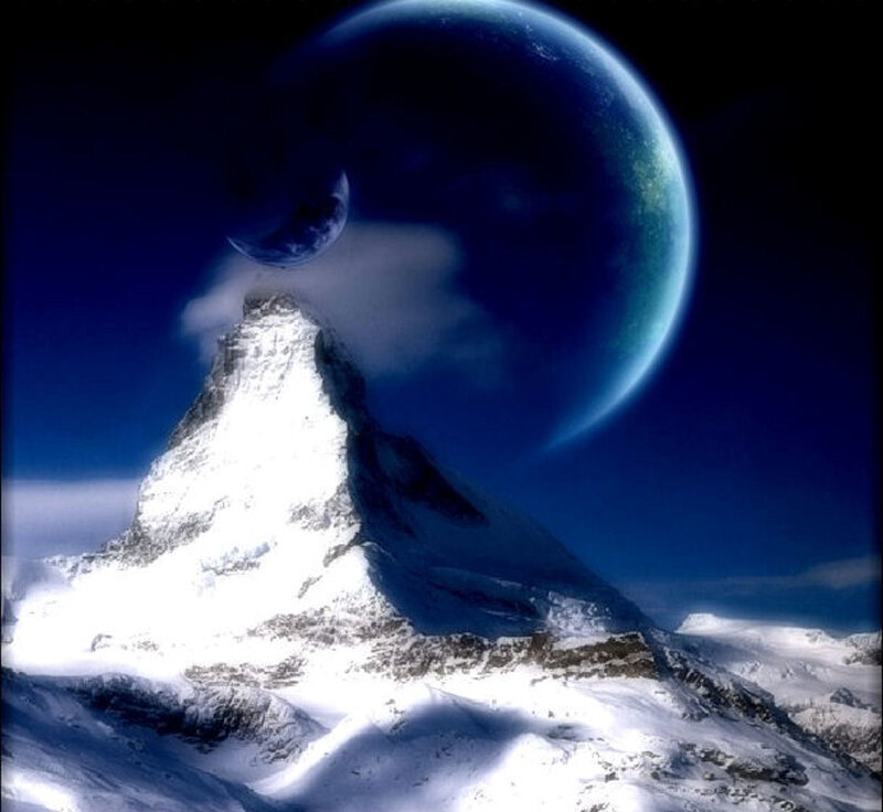 Snowy mountain under alien planet