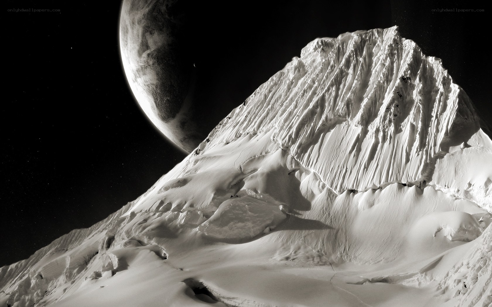 Snowy mountain under alien sky