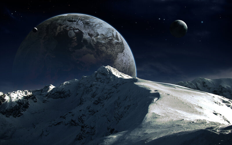 Snowy mountain under alien sky