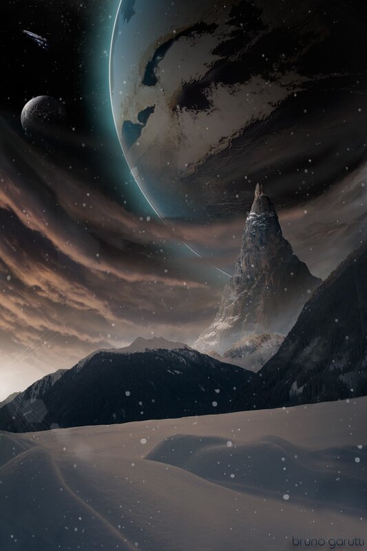 Snowy mountain under alien sky