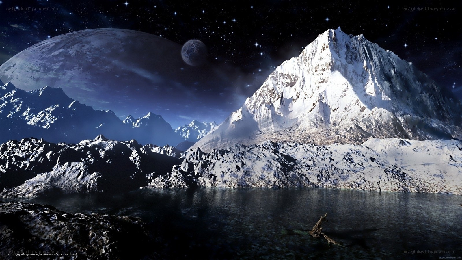 Snowy mountain under alien sky
