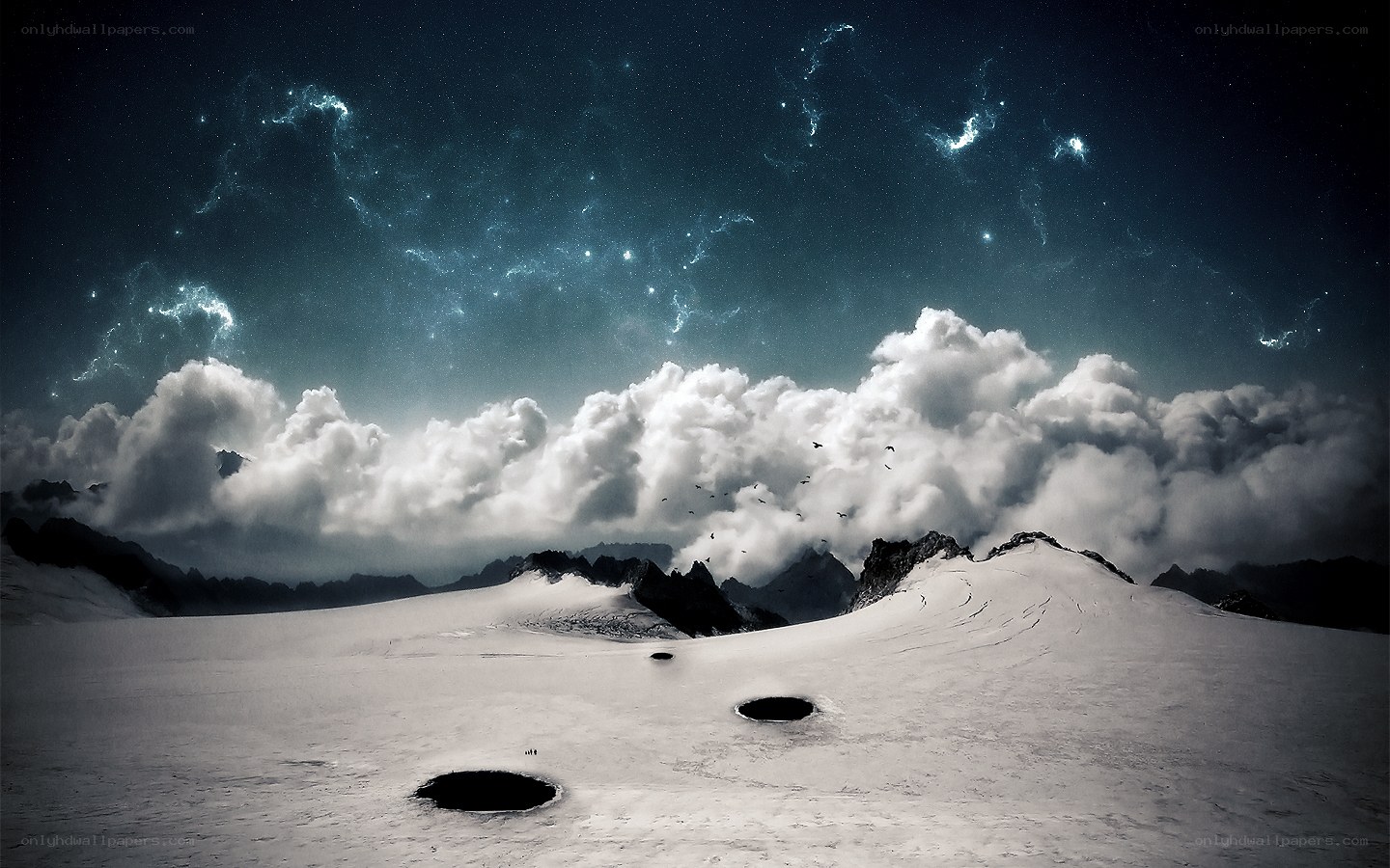 Snowy mountain under starry sky