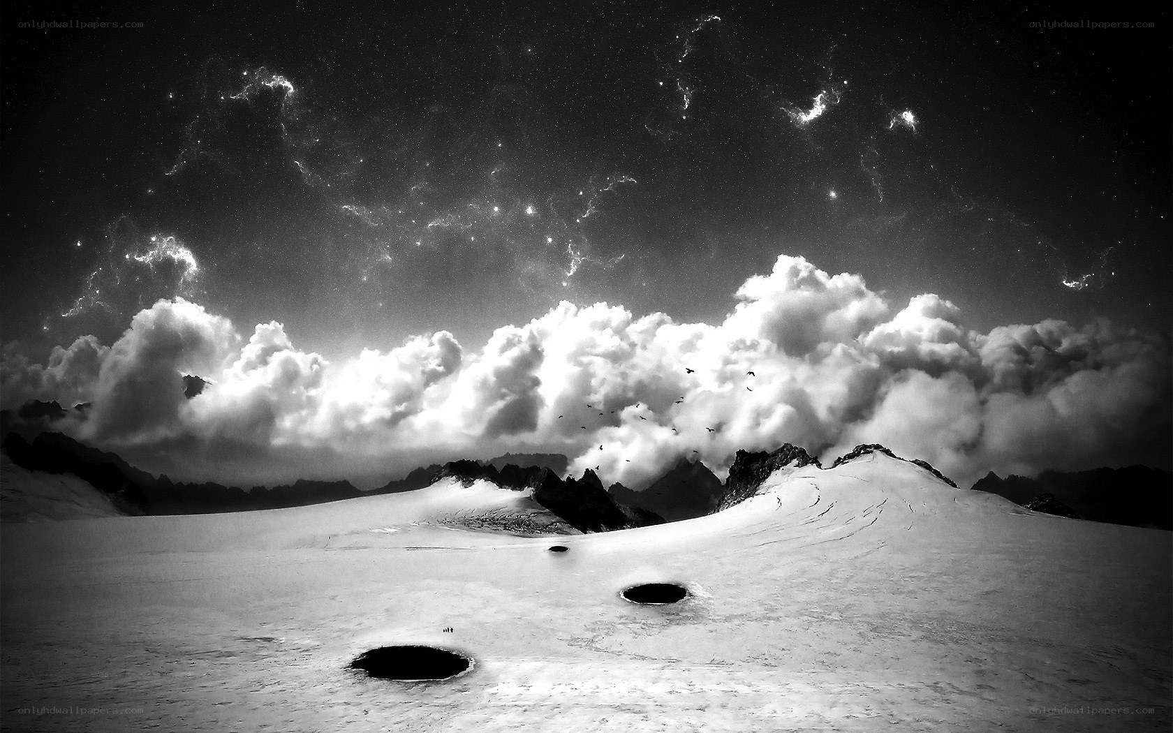 Snowy mountain under starry sky