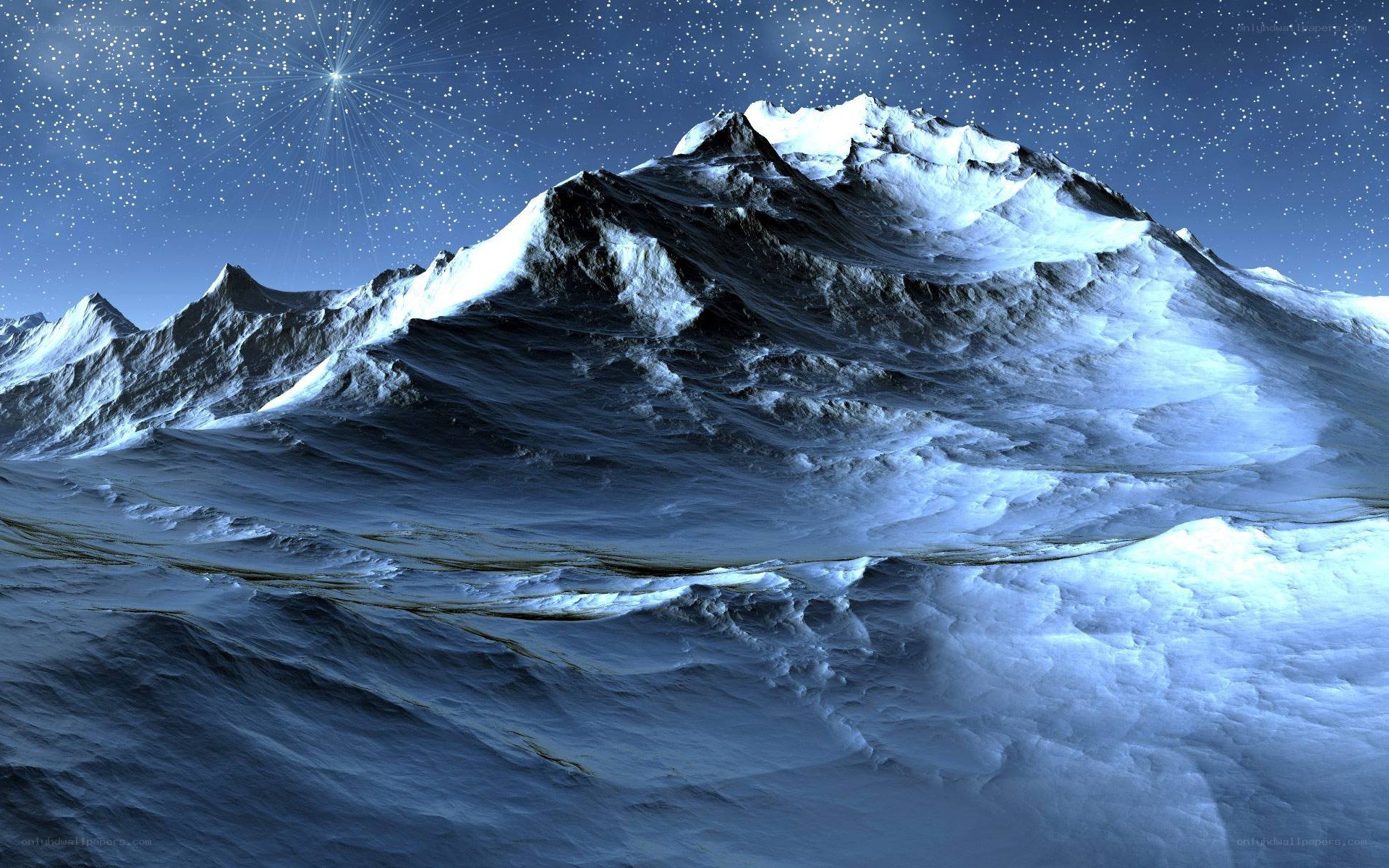 Snowy mountain under starry sky