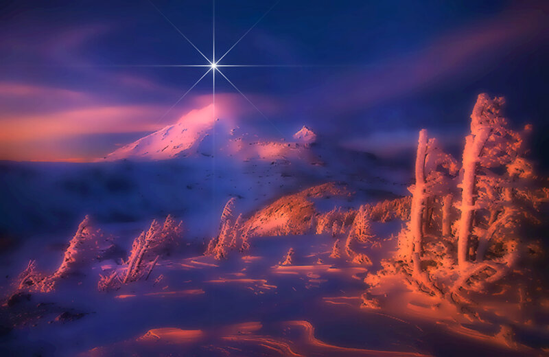 snowy mountain under starry sky