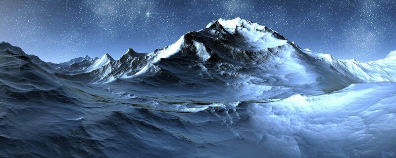 Snowy mountain under starry sky