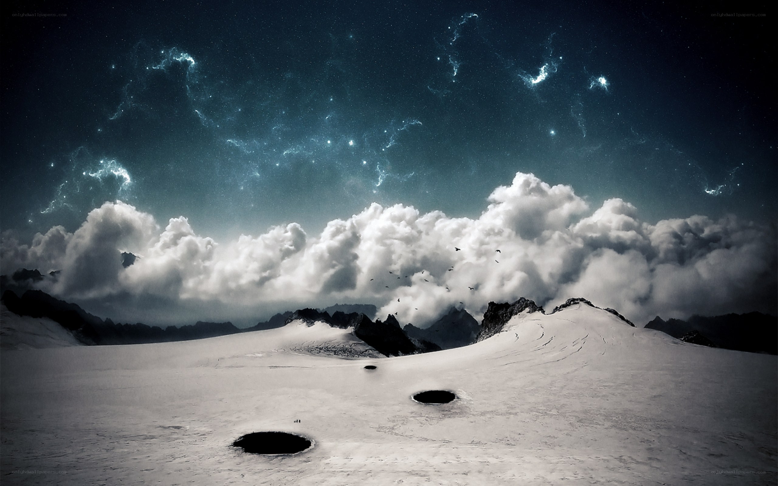 Snowy mountain under starry sky