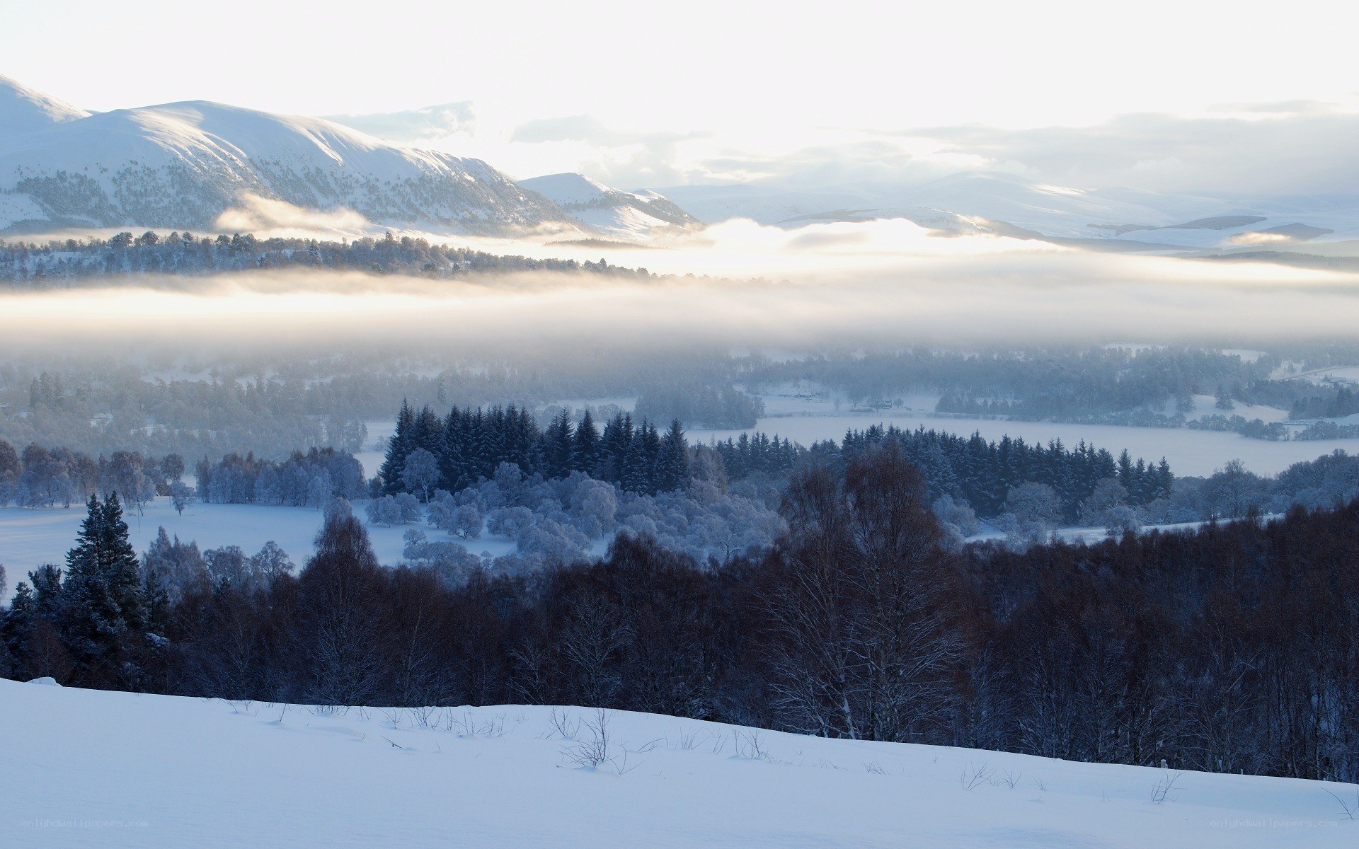 Snowy mountain valley at dawn