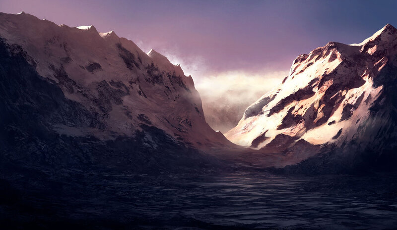 snowy mountain valley at dusk
