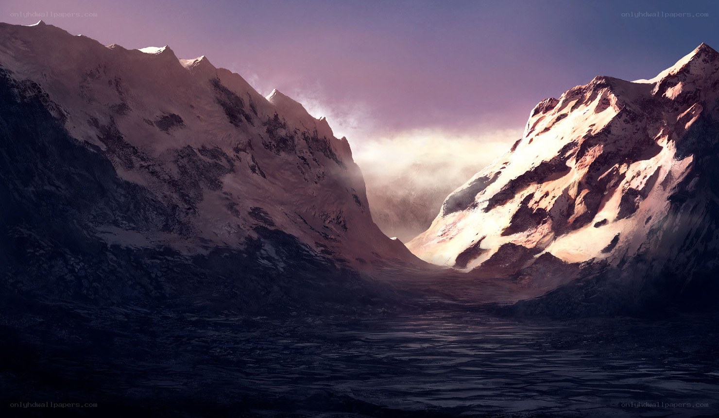 snowy mountain valley at dusk