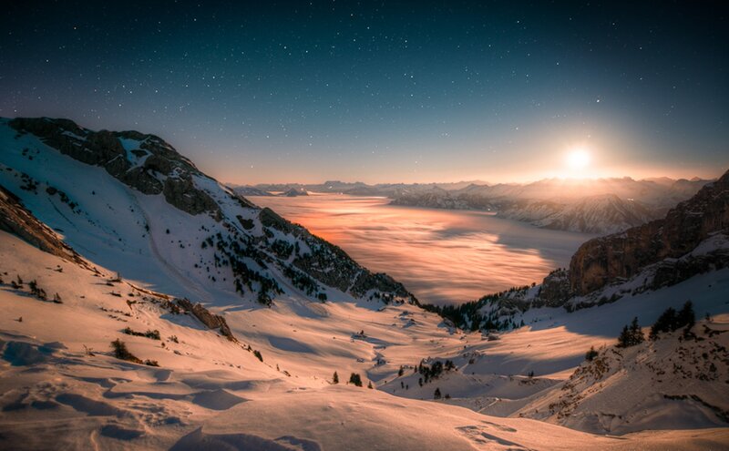 Snowy Mountain Valley — Blue, Serene, Night, Photograph