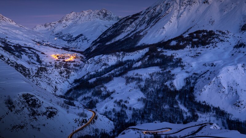 Snowy Mountain Valley — Blue, Serene, Night, Photograph, Village
