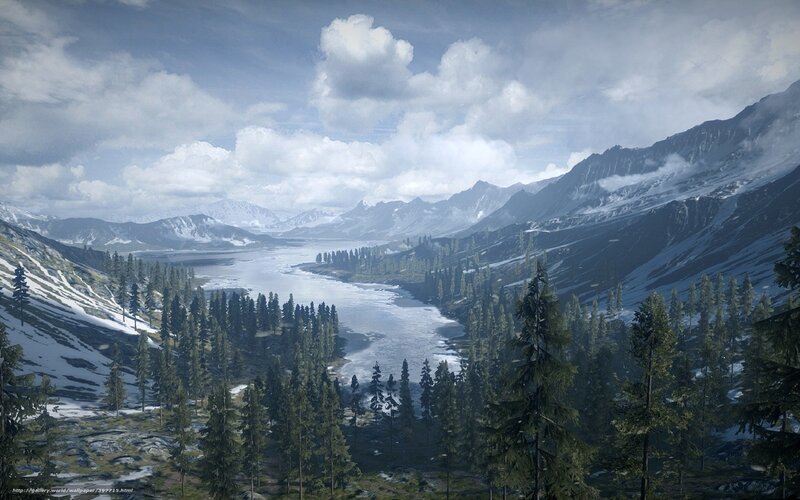 Snowy Mountain Valley — Blue, Serene, Winter, Digital Art