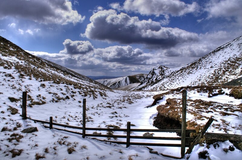 Snowy mountain valley landscape