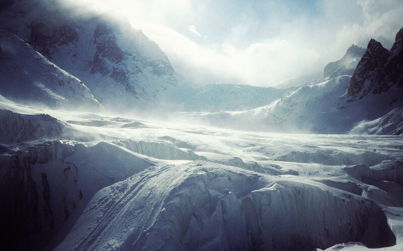 Snowy mountain valley landscape