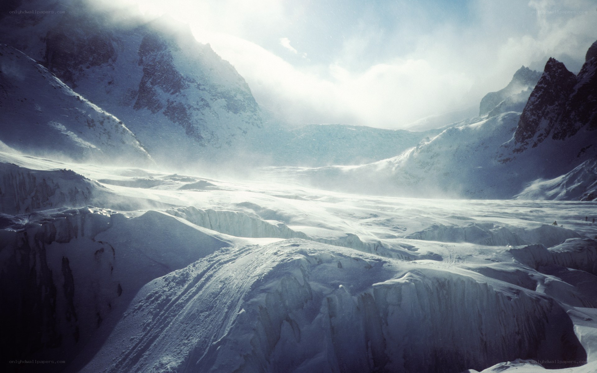 Snowy mountain valley landscape