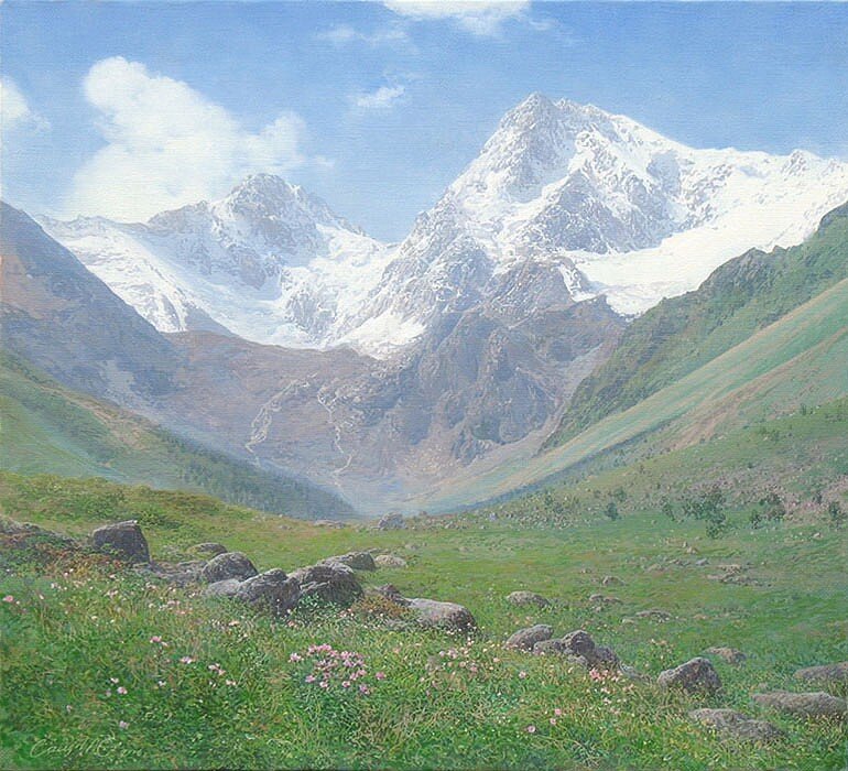 Snowy mountain valley landscape