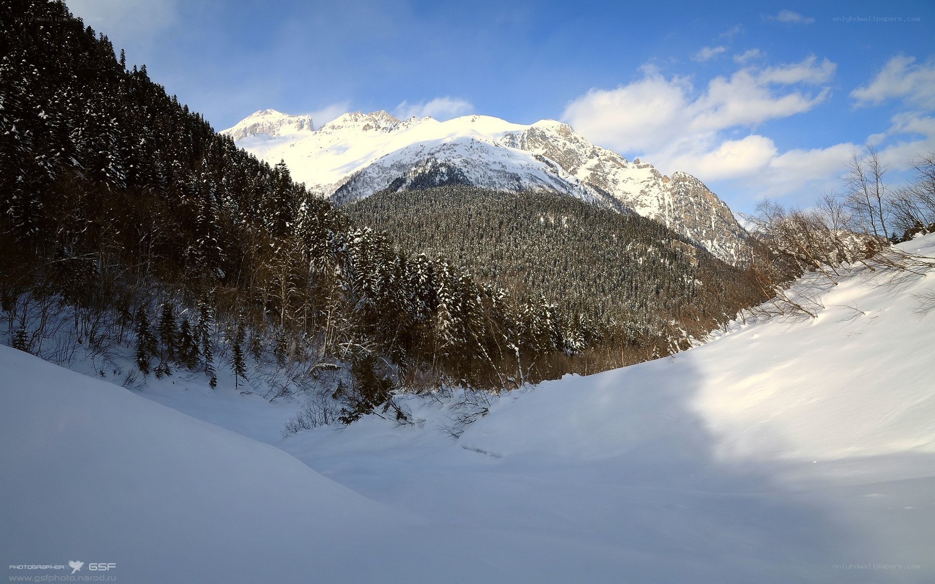 Snowy mountain valley landscape