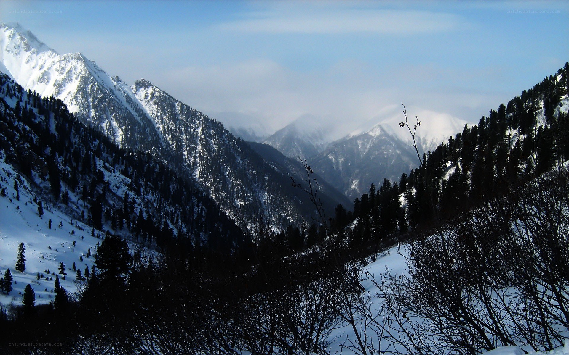 snowy mountain valley landscape